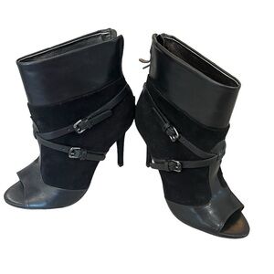 NWOB!! BCBGMaxazria Black Leather and Suede Peep-Toe Boots, Size 7